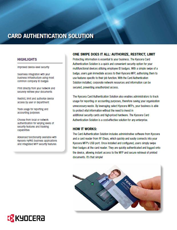 Kyocera, Software, Cost Control, Security Card Authentication, Mega Business Systems